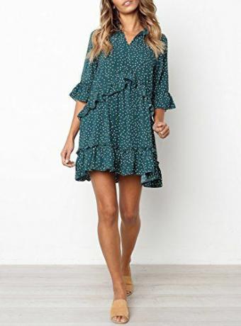 V-ringad Ruffle Polka Dot Loose Swing Dress